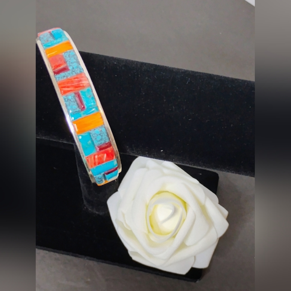 7.75 IN EDISON YAZZIE NAVAJO TURQUOISE CORAL INLAY STERLING SILVER BRACELET CUFF